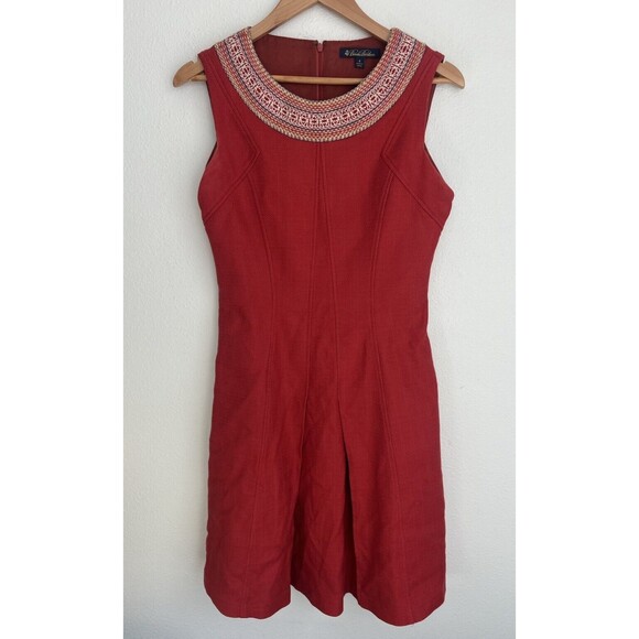 Brooks Brothers Orange Red Fit Flare Dress Beaded Embroidered Sleeveless Holiday
